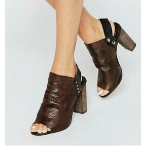 Free‎ People Picture This Heel Brown Black Leather Rivet Peep Toe EU 37 US 6.5